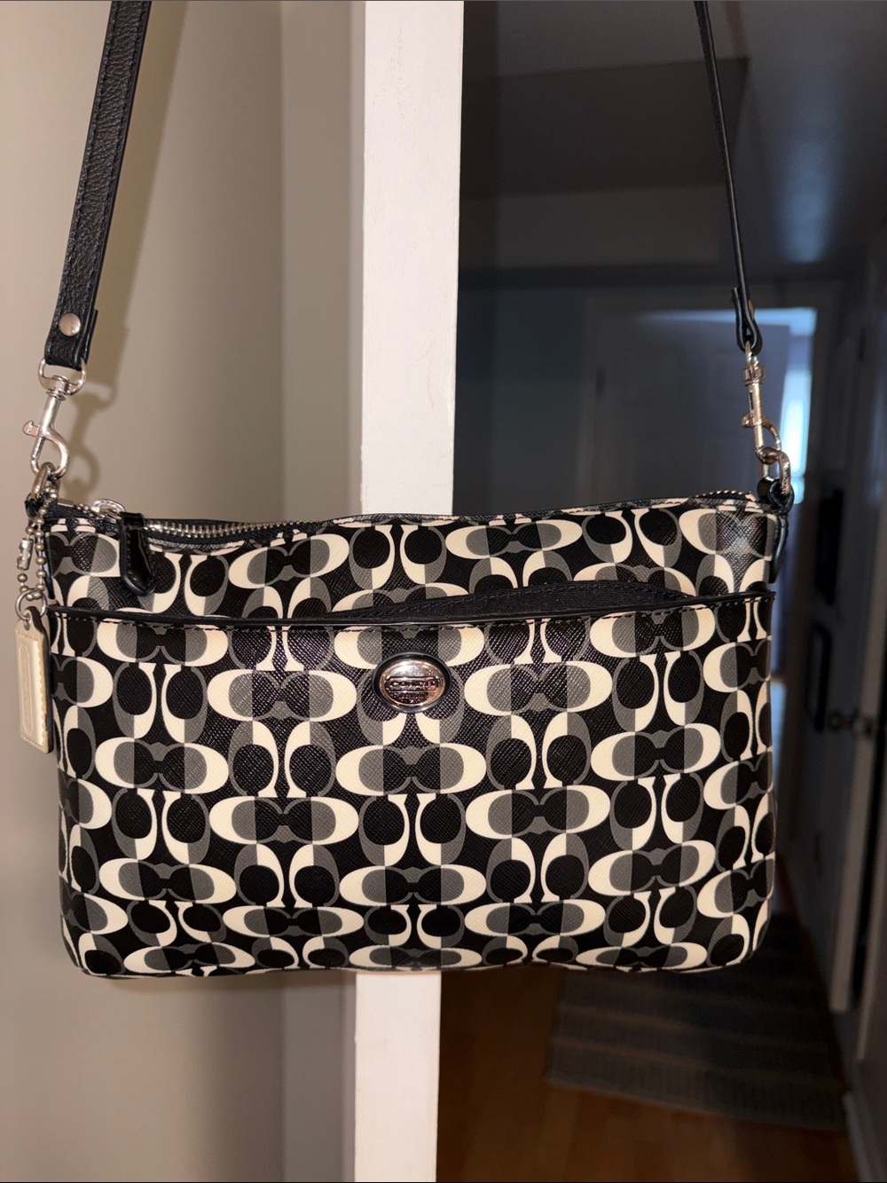 Coach Peyton Black & White Signature Crossbody Bag with Silver Hardware in EUC.